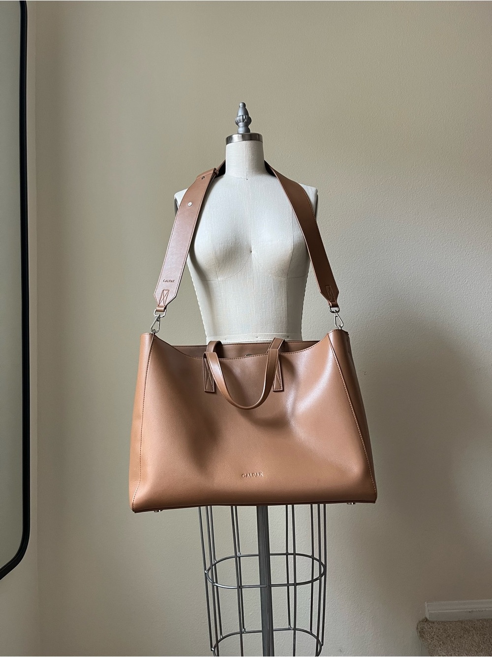 Calpak Large Leather Tote in Camel with Wide Strap